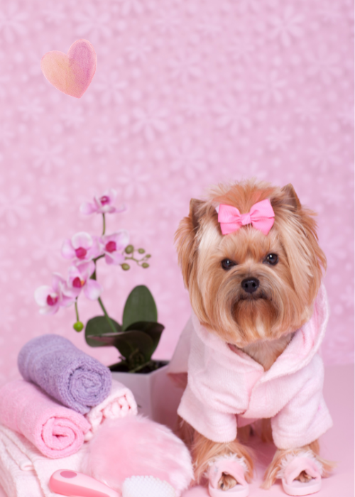 dog having a spa day in pink
