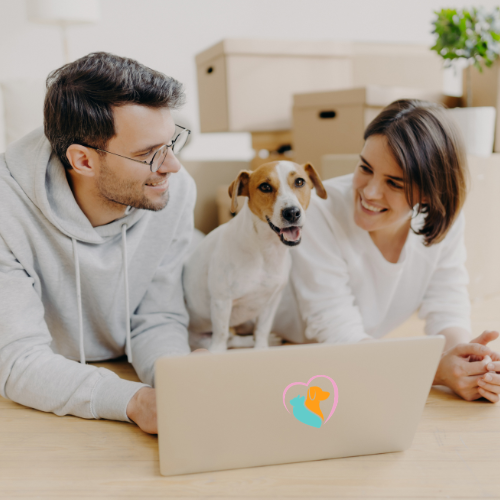 man and a lady shopping with their dog